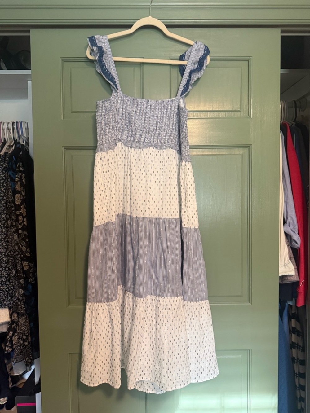 J. Crew Blue and White Tiered Sundress with Ruffle Straps
